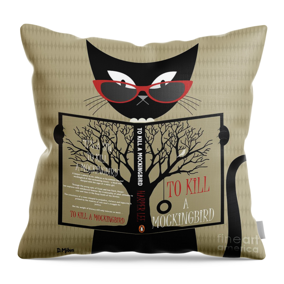 Mid Century Modern Throw Pillow featuring the digital art Black Cat Reading by Donna Mibus
