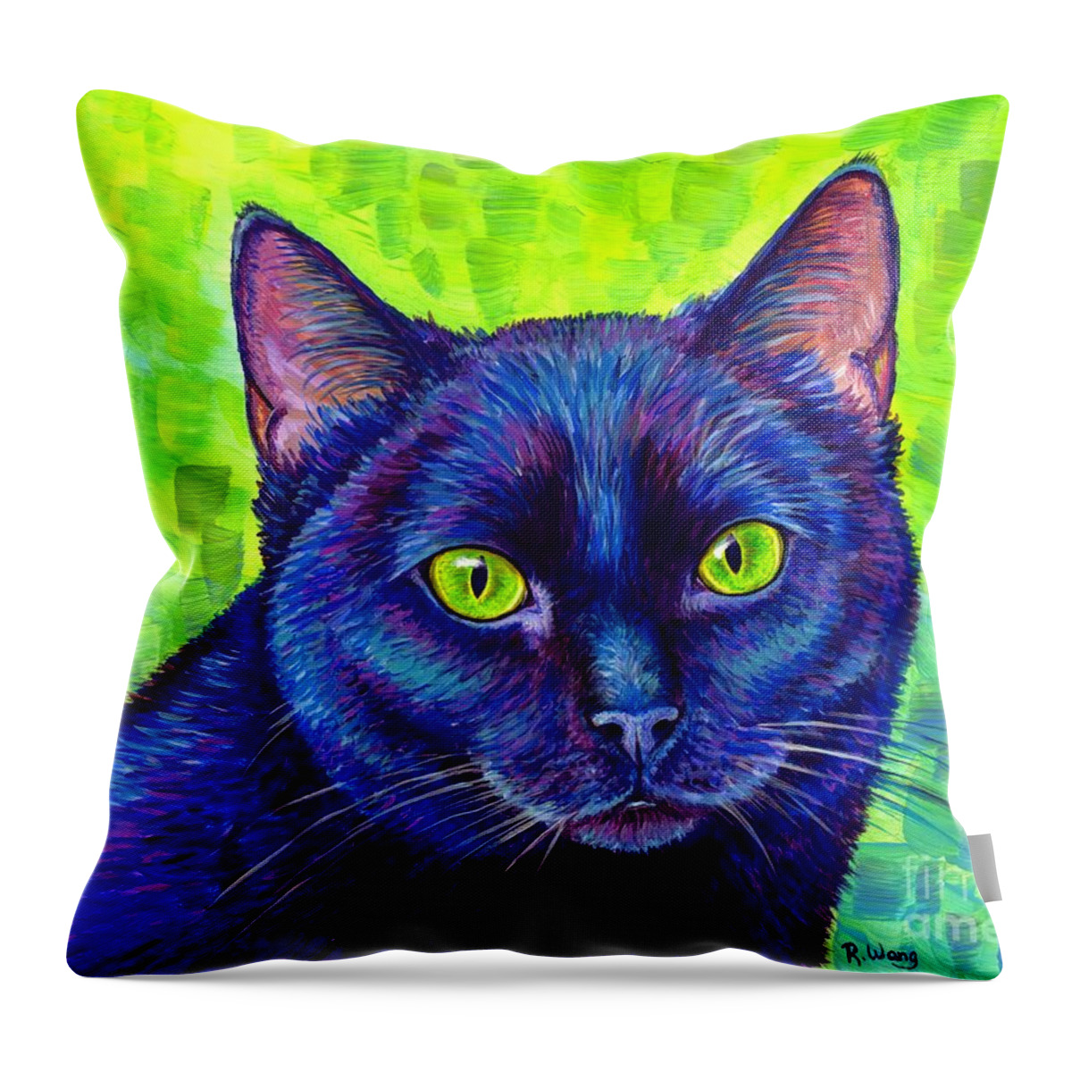 Cat Throw Pillow featuring the painting Black Cat with Chartreuse Eyes by Rebecca Wang