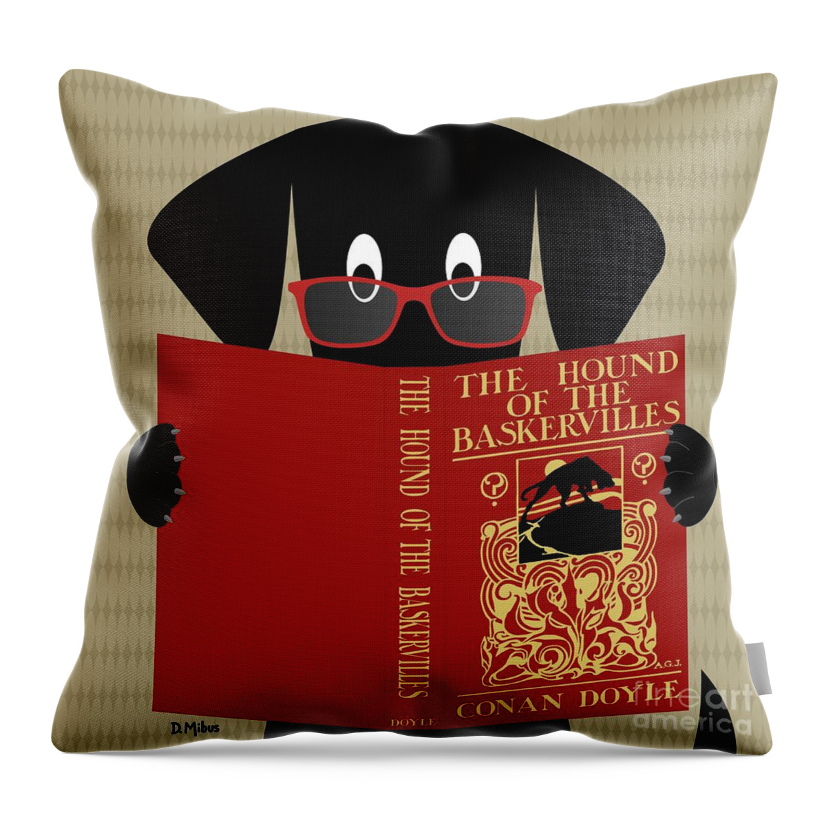 Mid Century Modern Throw Pillow featuring the digital art Black Dog Reading by Donna Mibus