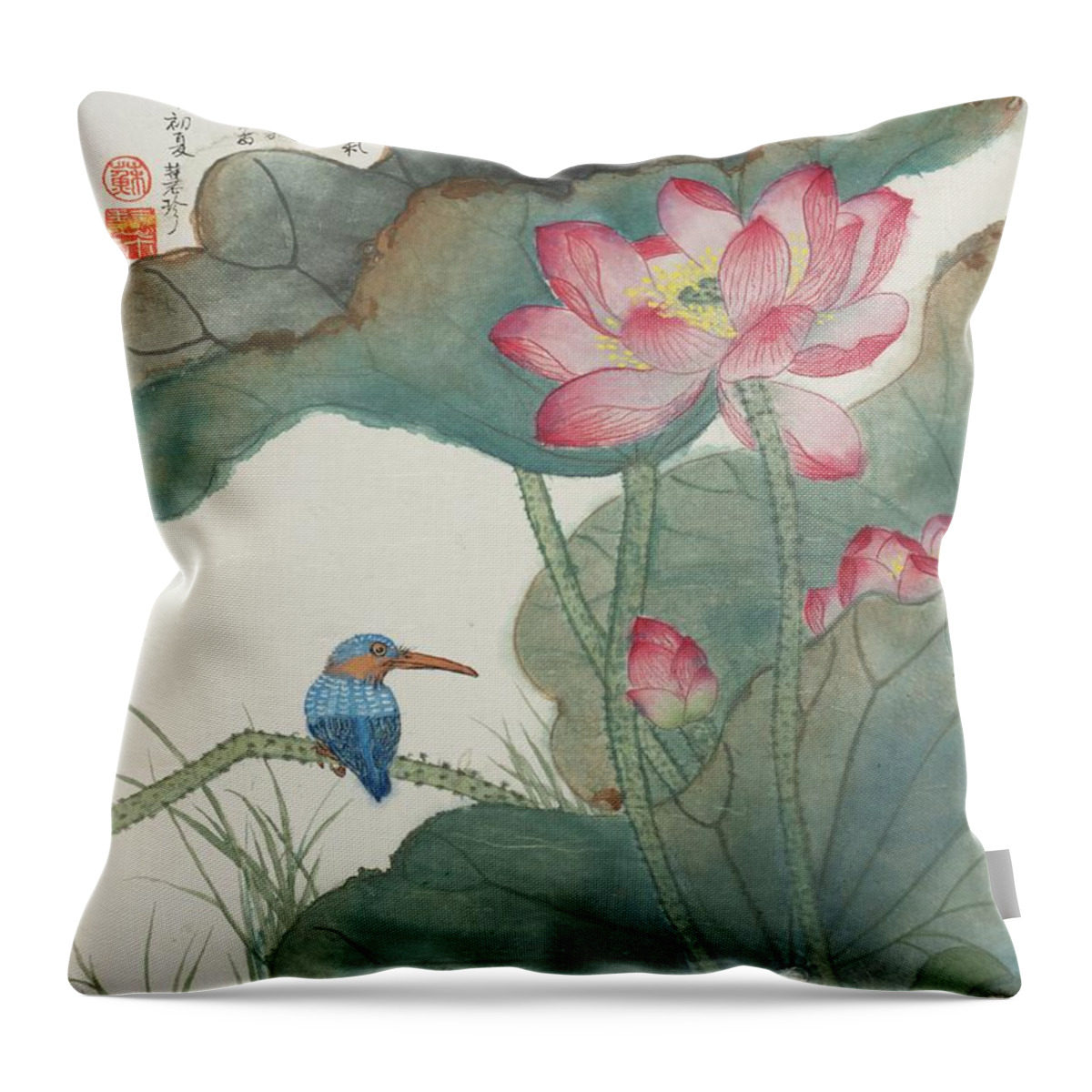 Chinese Watercolor Throw Pillow featuring the painting Jade Bird and Lotus Flowers by Jenny Sanders