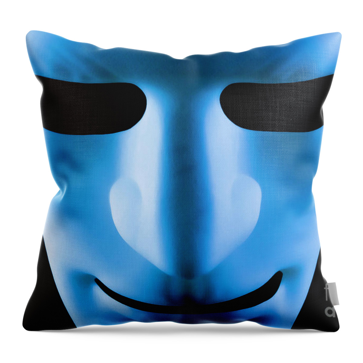 Mask Throw Pillow featuring the photograph Blue face artificial intelligence robot by Simon Bratt