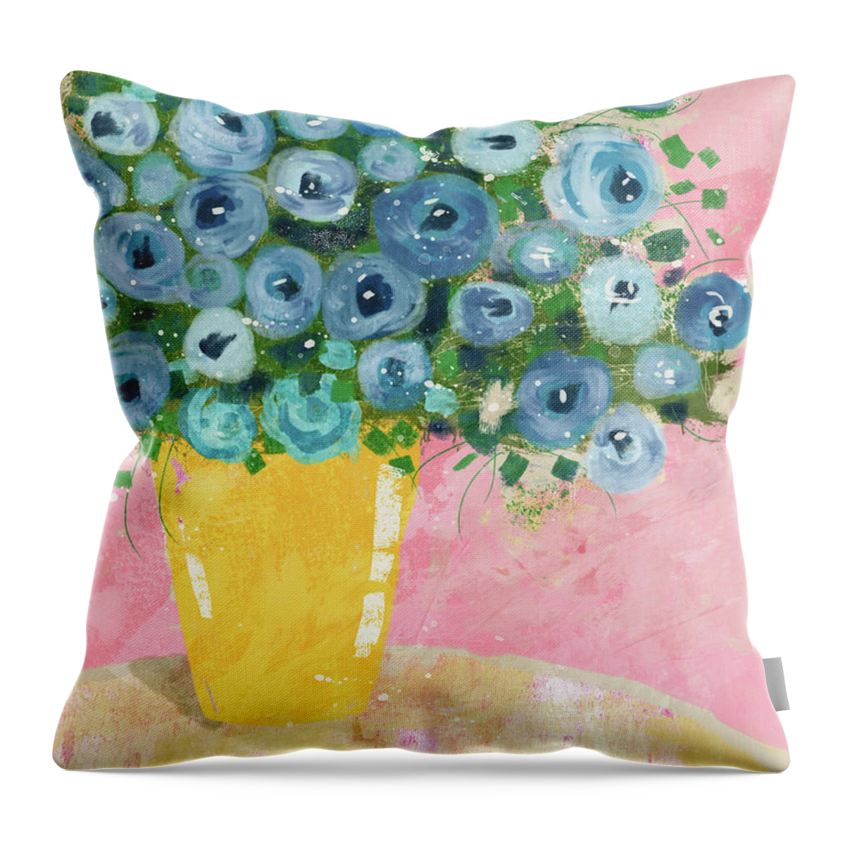 Flowers Throw Pillow featuring the mixed media Blue Flowers in A Yellow Vase- Art by Linda Woods by Linda Woods