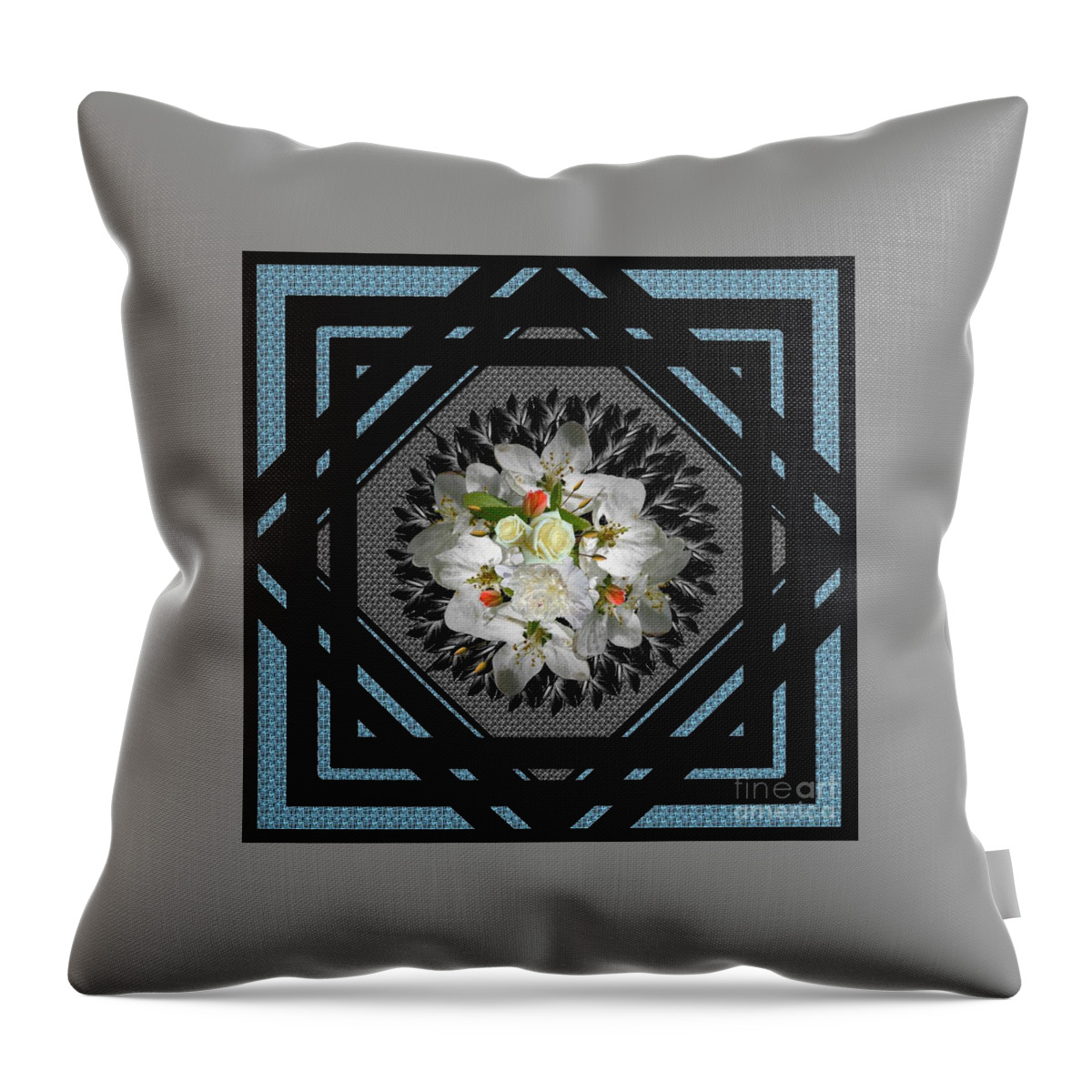 Blue Throw Pillow featuring the digital art Blue Grey Floral Framed for Pillows by Delynn Addams