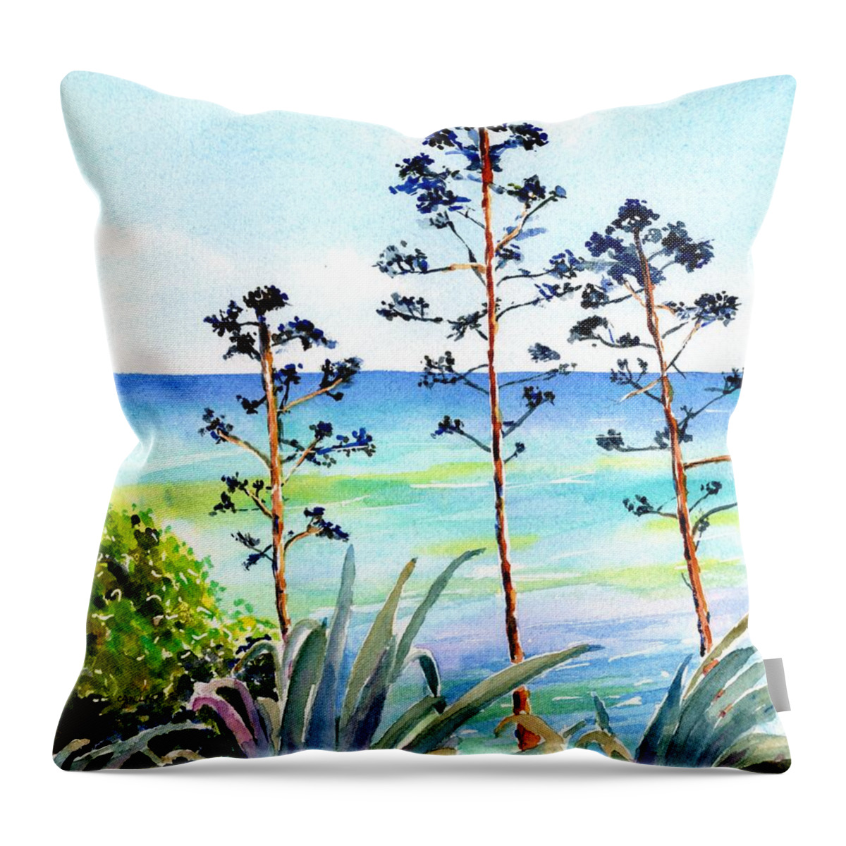 Ocean Throw Pillow featuring the painting Blue Sea and Agave by Carlin Blahnik CarlinArtWatercolor