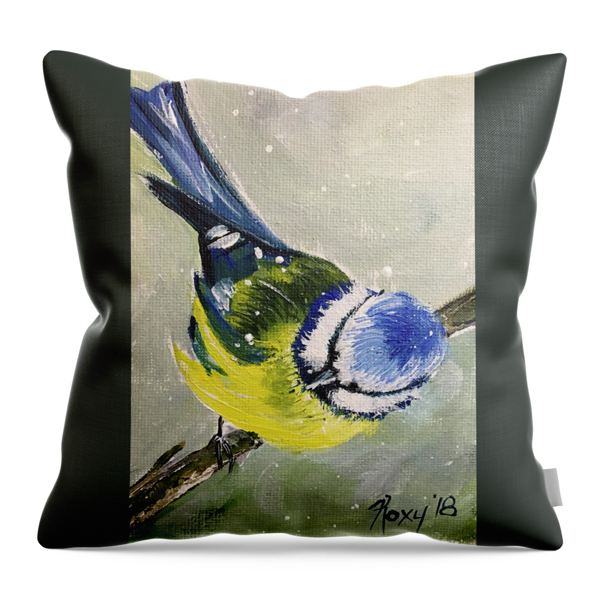 Bird Throw Pillow featuring the painting Blue Tit in Snow by Roxy Rich