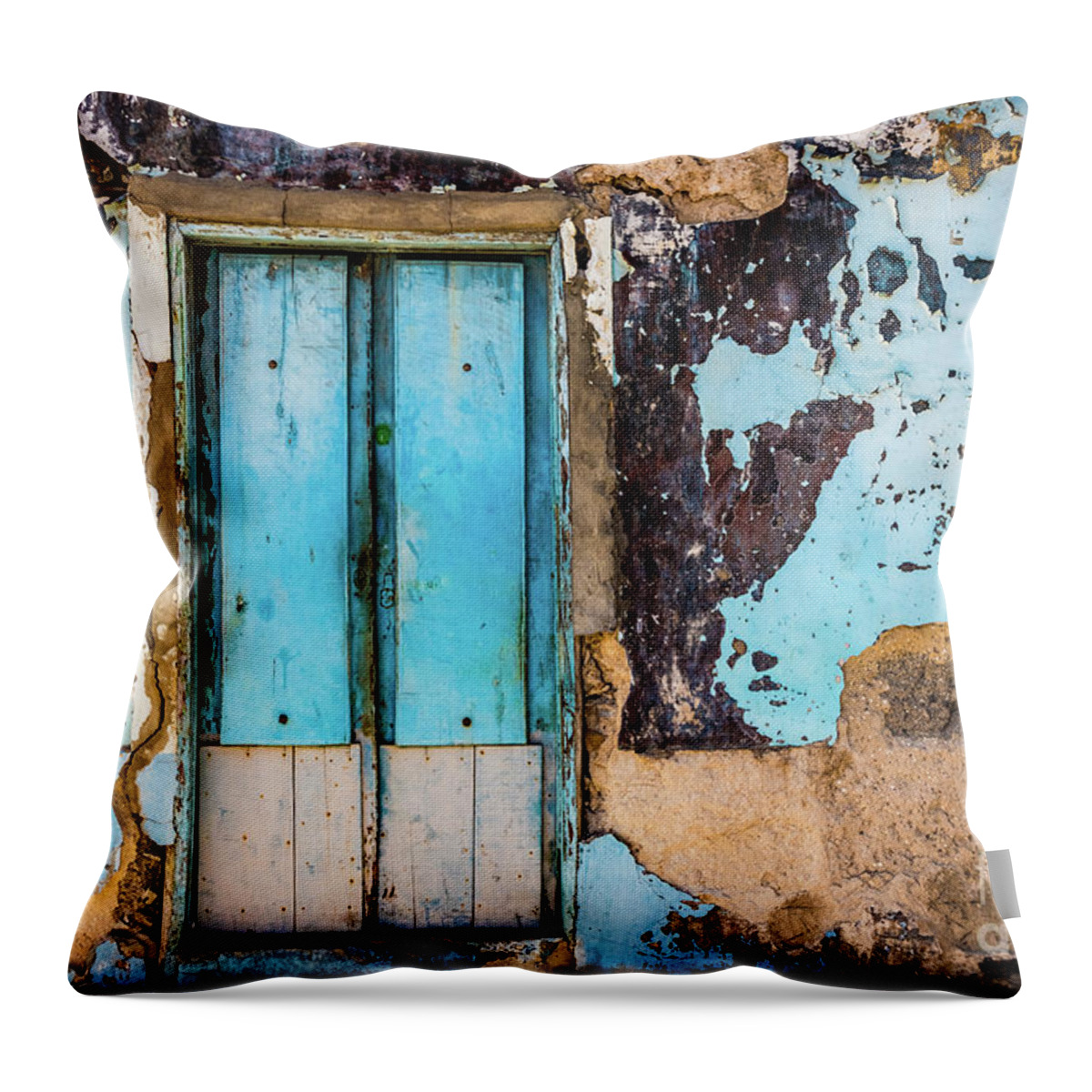 Wall Throw Pillow featuring the photograph Blue wall and door by Lyl Dil Creations