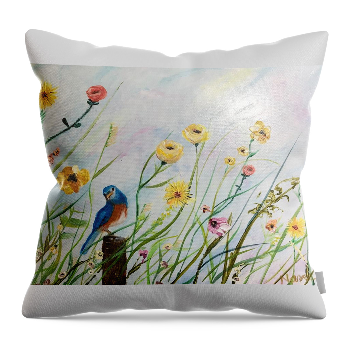 Bird Throw Pillow featuring the painting Bluebird in the Wild Flowers by Deborah Naves