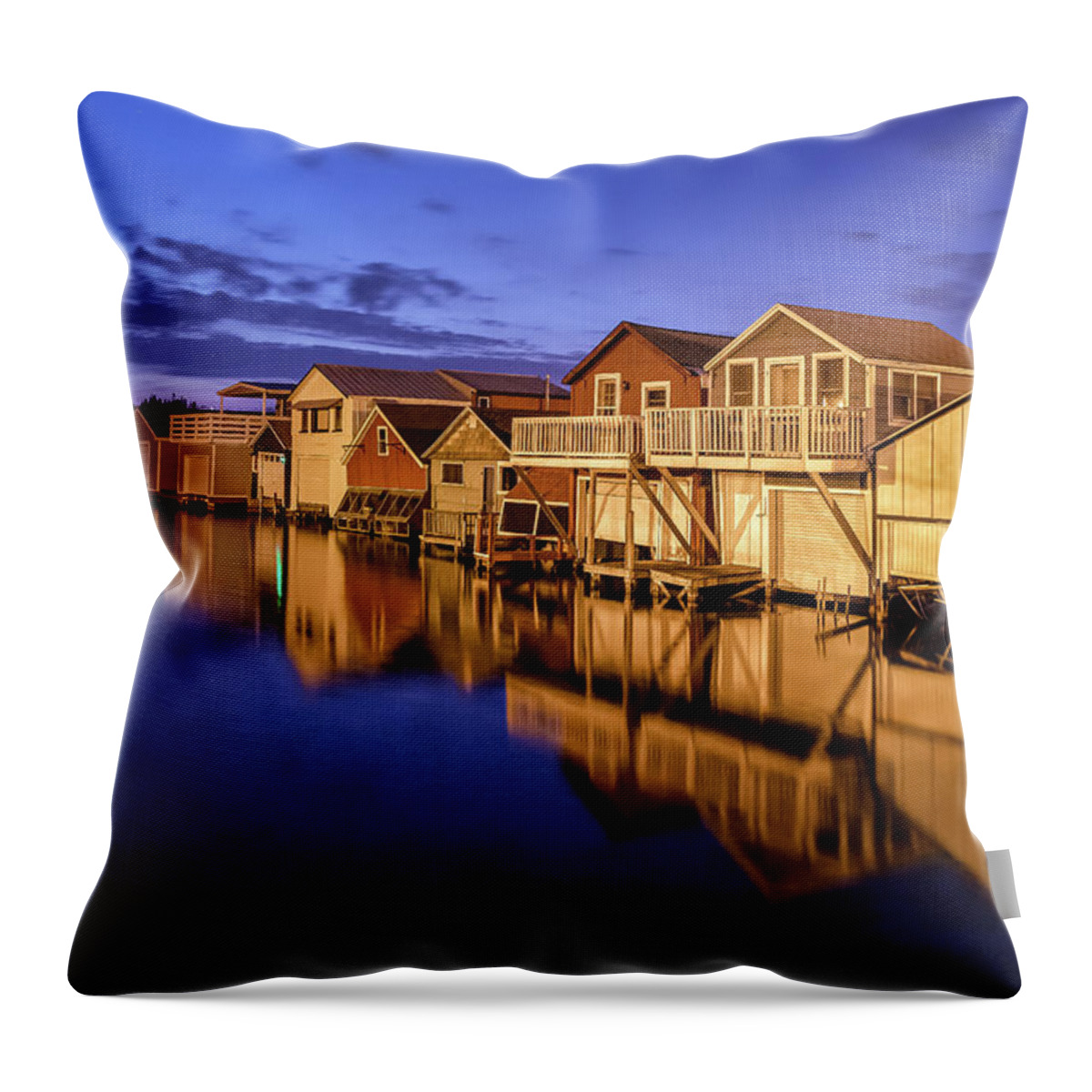 Canandaigua Throw Pillow featuring the photograph Boathouse Reflections at Night by Rod Best