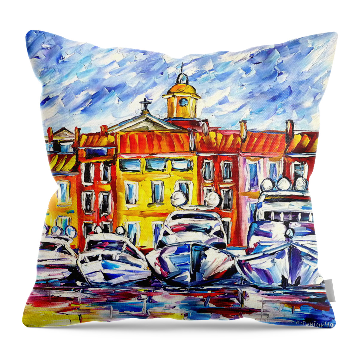 I Love St Tropez Throw Pillow featuring the painting Boats Of St. Tropez by Mirek Kuzniar