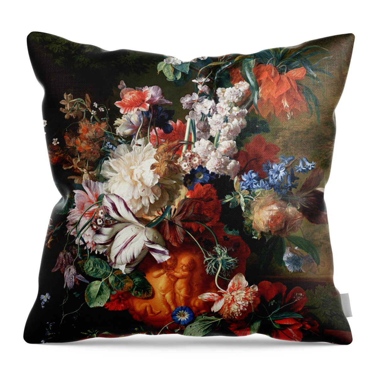 Bouquet Of Flowers In An Urn Throw Pillow featuring the painting Bouquet Of Flowers In An Urn by Jan van Huysum by Rolando Burbon