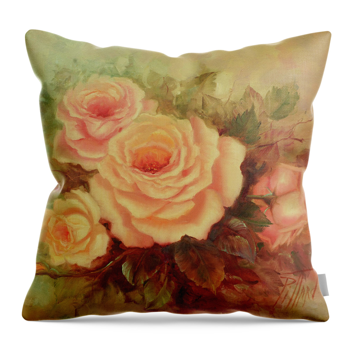 Roses Throw Pillow featuring the painting Cluster of Soft Pink Roses. by Lynne Pittard