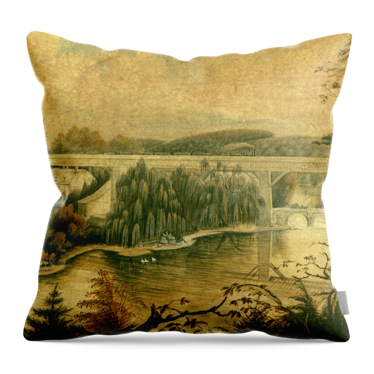 Bridge Throw Pillow featuring the drawing Bridge over the Wissahickon Creek, about 1835 by William Breton