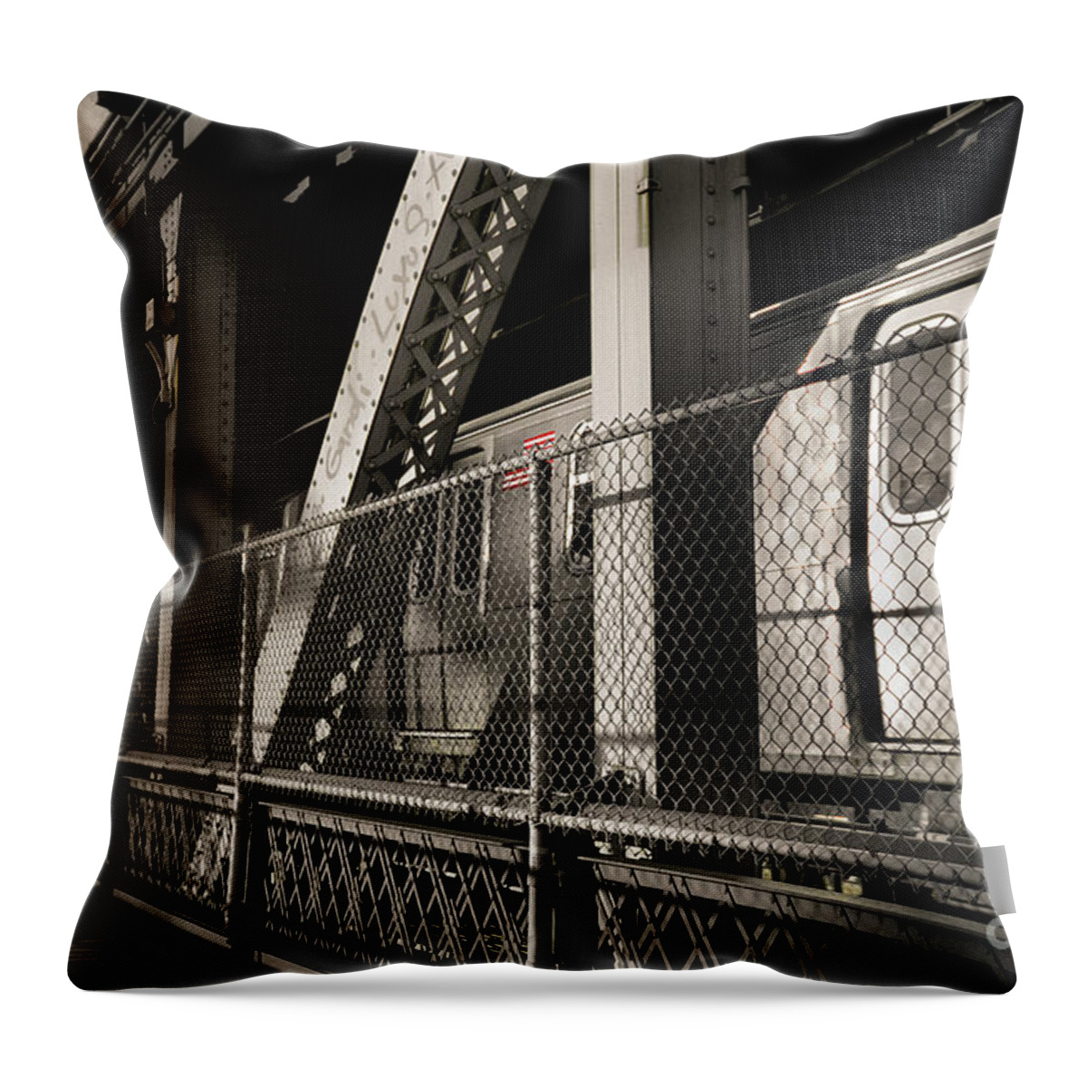 Subway Train Throw Pillow featuring the photograph Brooklyn-bound on the Manhattan Bridge by Steve Ember