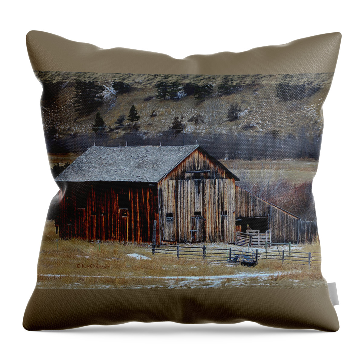 Montana Ranch Building Throw Pillow featuring the mixed media Building On Hold by Kae Cheatham