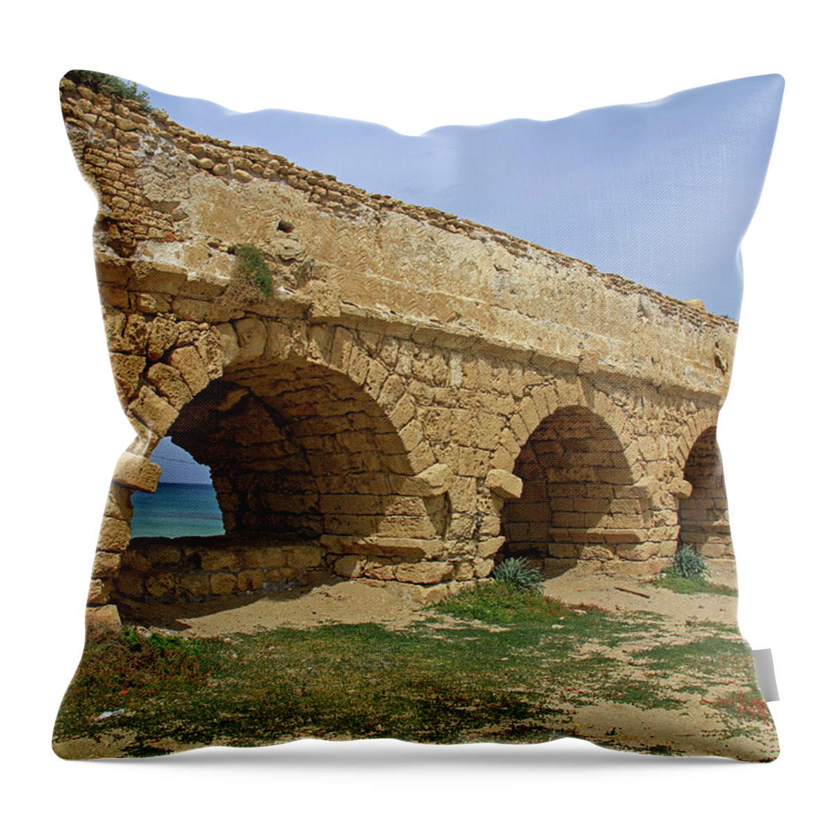 Caesarea Throw Pillow featuring the photograph Caesarea Aqueduct - Caesarea, Israel by Richard Krebs