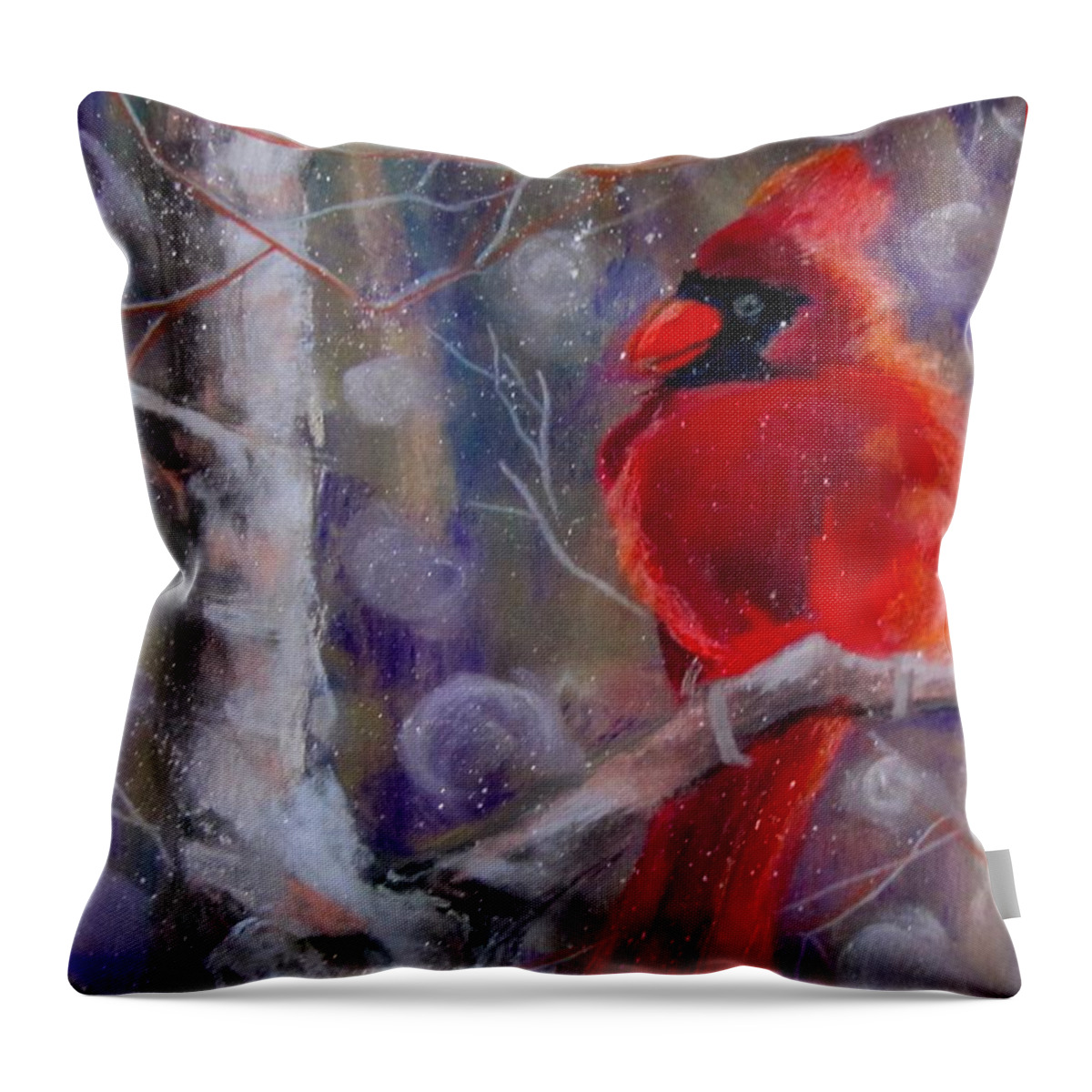 Bird Throw Pillow featuring the pastel Cardinal in the snow by Barbara O'Toole