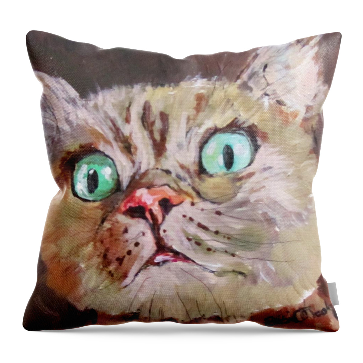 Cat Throw Pillow featuring the painting CAT What do you see by Barbara O'Toole