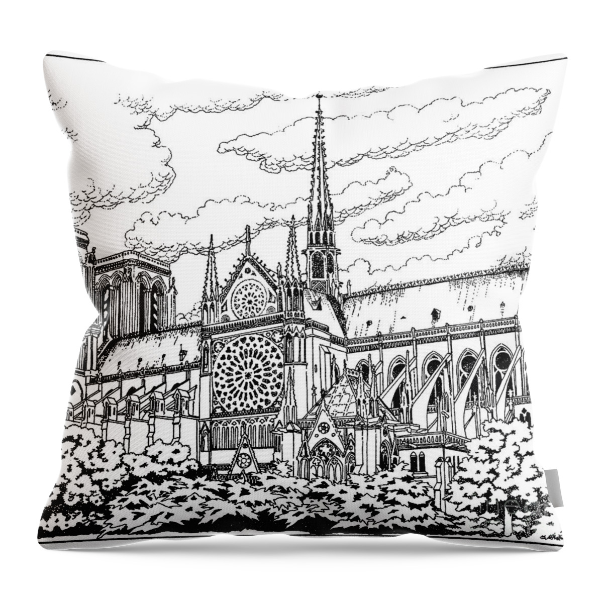 Cathedral Throw Pillow featuring the drawing Notre Dame de Paris- Our Lady of Paris by William Hart McNichols