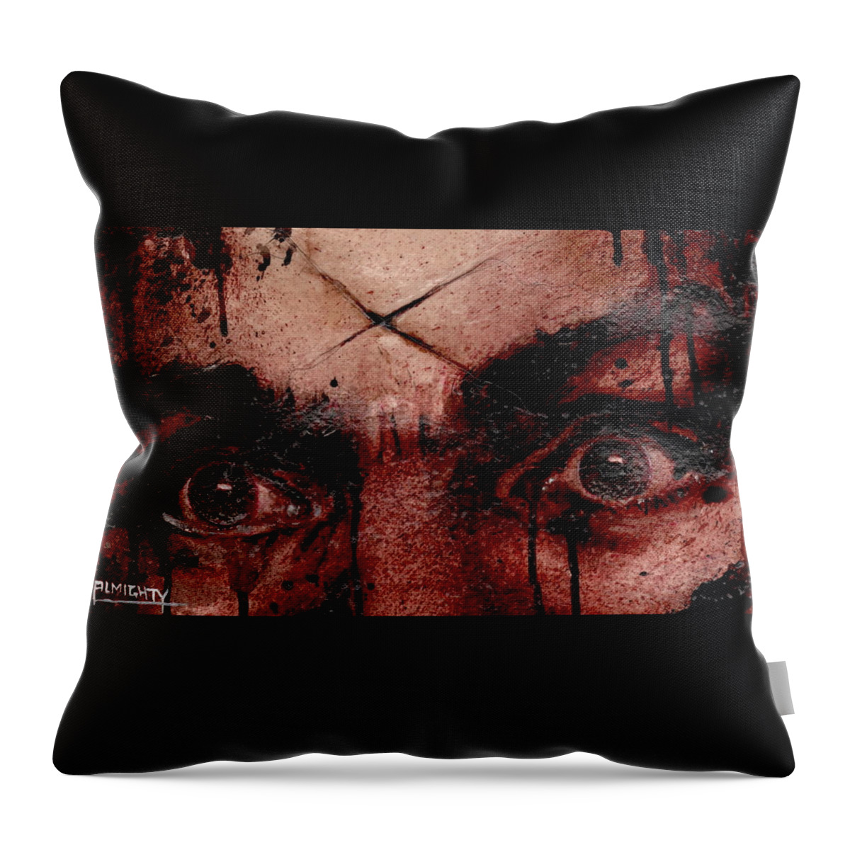 Ryan Almighty Throw Pillow featuring the painting CHARLES MANSONS EYES dry blood by Ryan Almighty