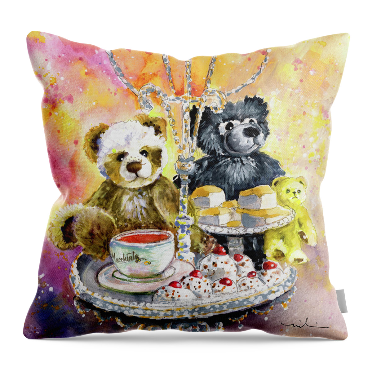 Teddy Throw Pillow featuring the painting Charlie Bears Hot Cross Bun And Dreamer by Miki De Goodaboom