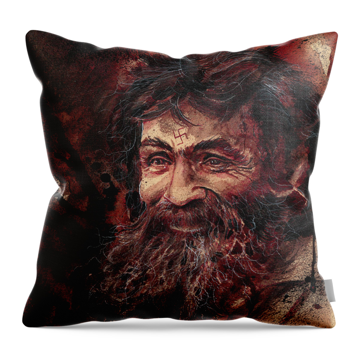 Ryan Almighty Throw Pillow featuring the painting CHARLES MANSON portrait dry blood by Ryan Almighty