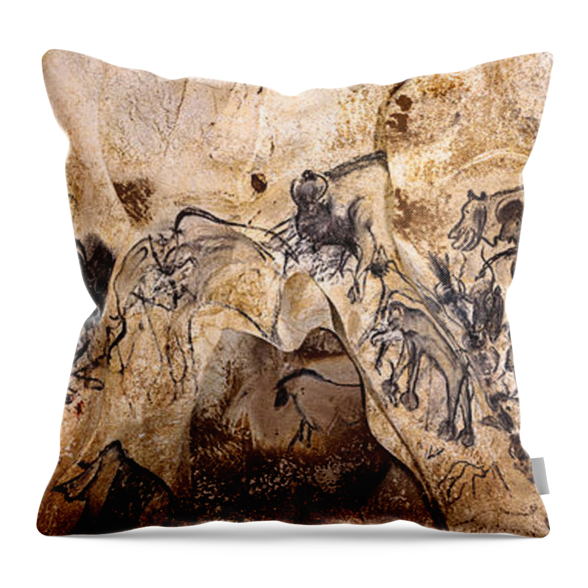 Chauvet Throw Pillow featuring the digital art Chauvet Lions and Rhinos by Weston Westmoreland