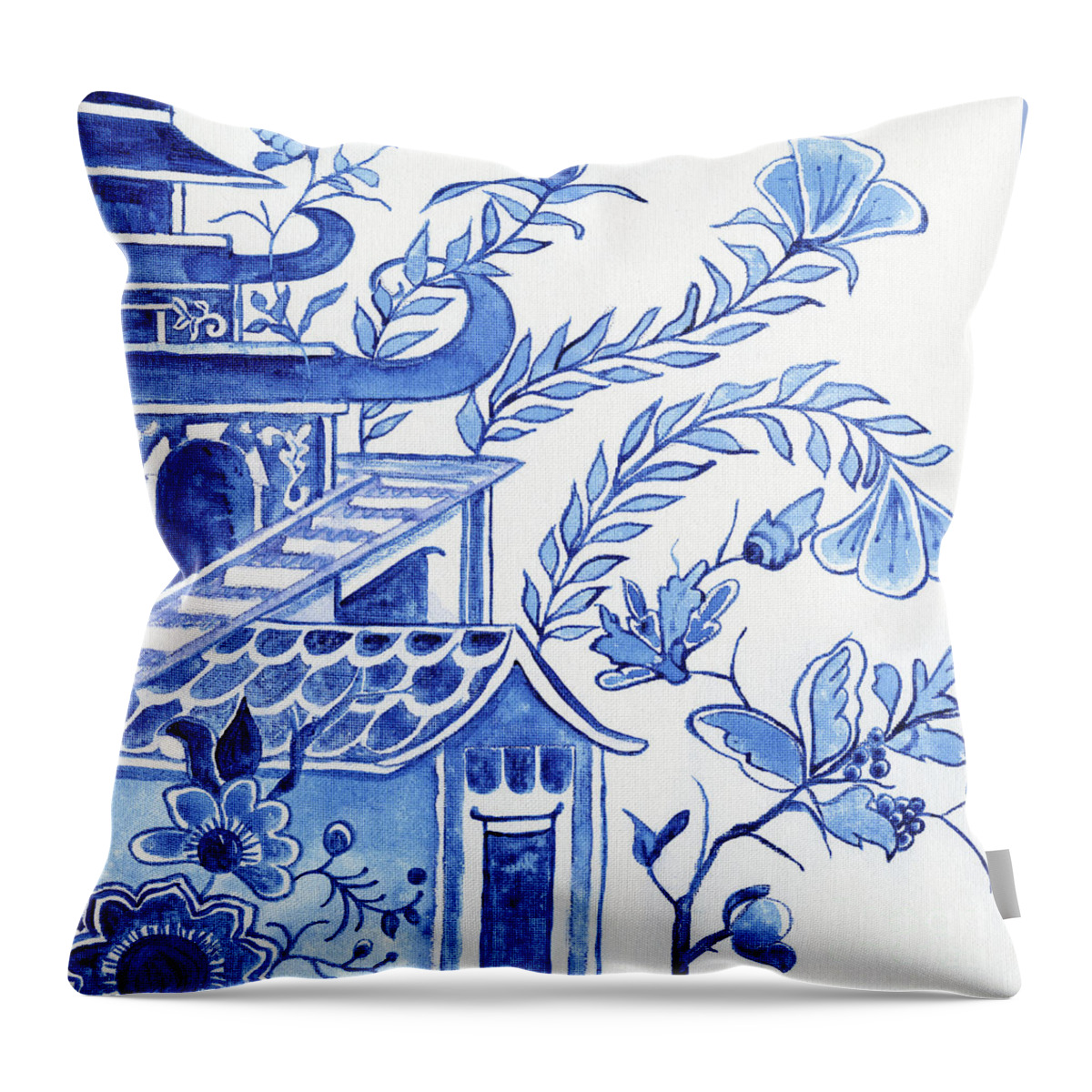 Chinoiserie Throw Pillow featuring the painting Chinoiserie Blue and White Pagoda Floral 1 by Audrey Jeanne Roberts