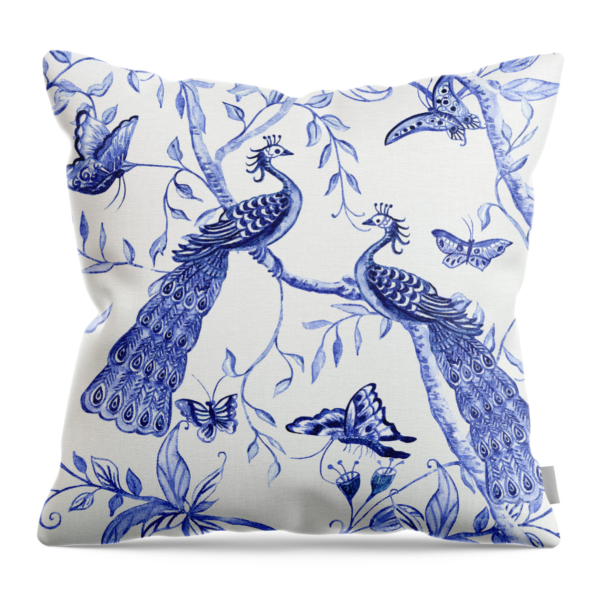 Chinoiserie Throw Pillow featuring the painting Chinoiserie Blue and White Peacocks and Butterflies by Audrey Jeanne Roberts