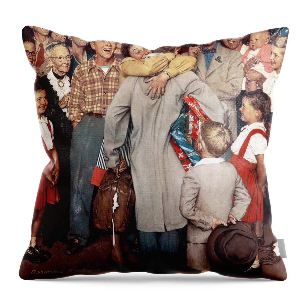 Christmas Throw Pillow featuring the drawing Christmas Homecoming by Norman Rockwell
