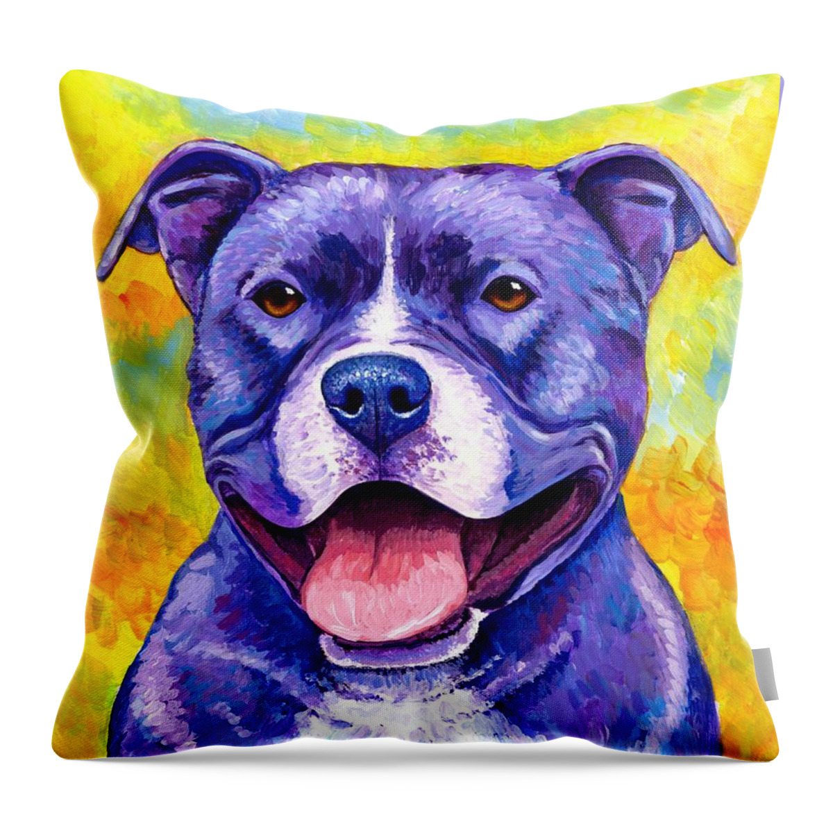 Pitbull Throw Pillow featuring the painting Peppy Purple Pitbull Terrier Dog by Rebecca Wang