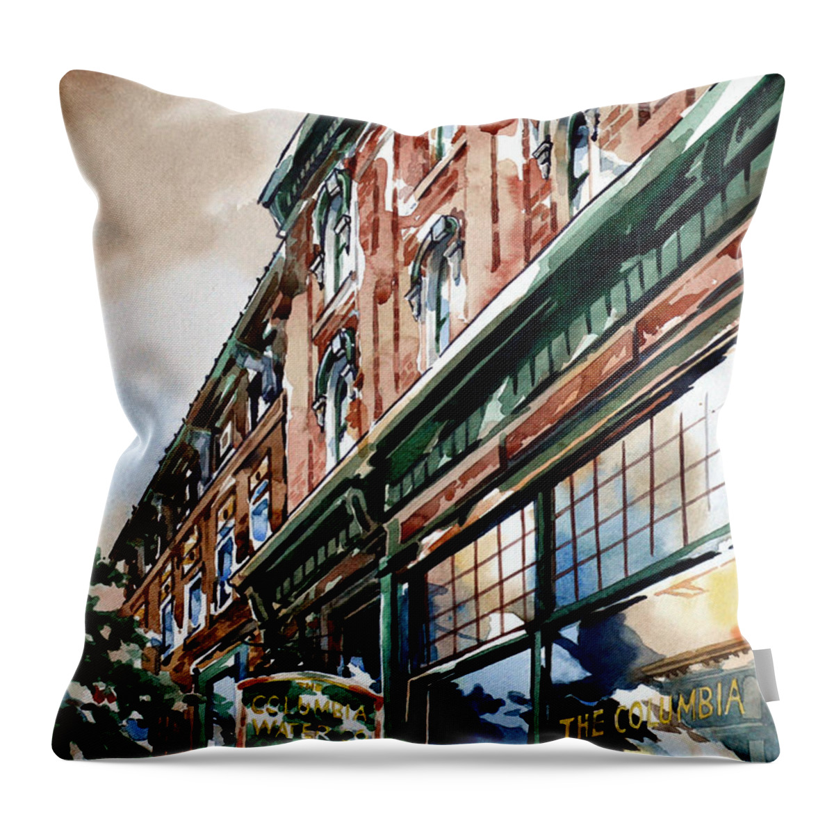 #watercolor #landscape #cityscape #columbia #columbiapa #oldbuildings #columbiawater Throw Pillow featuring the painting Columbia Water by Mick Williams