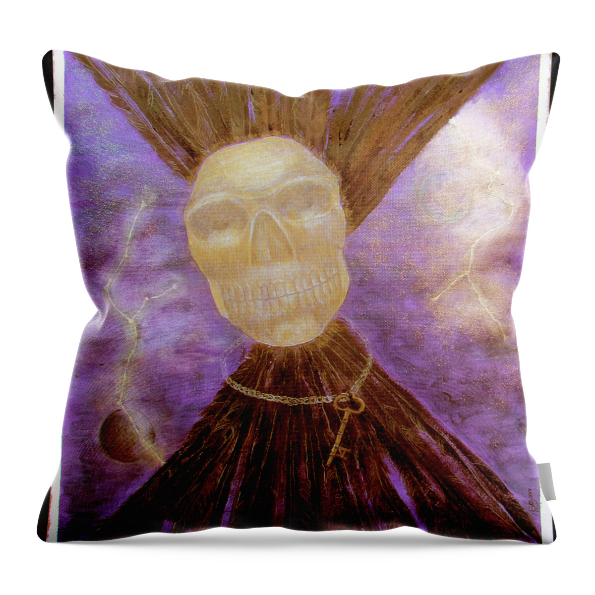 Obsidian Skull Throw Pillow featuring the painting Compelling Communications with a Large Golden Obsidian Skull by Feather Redfox