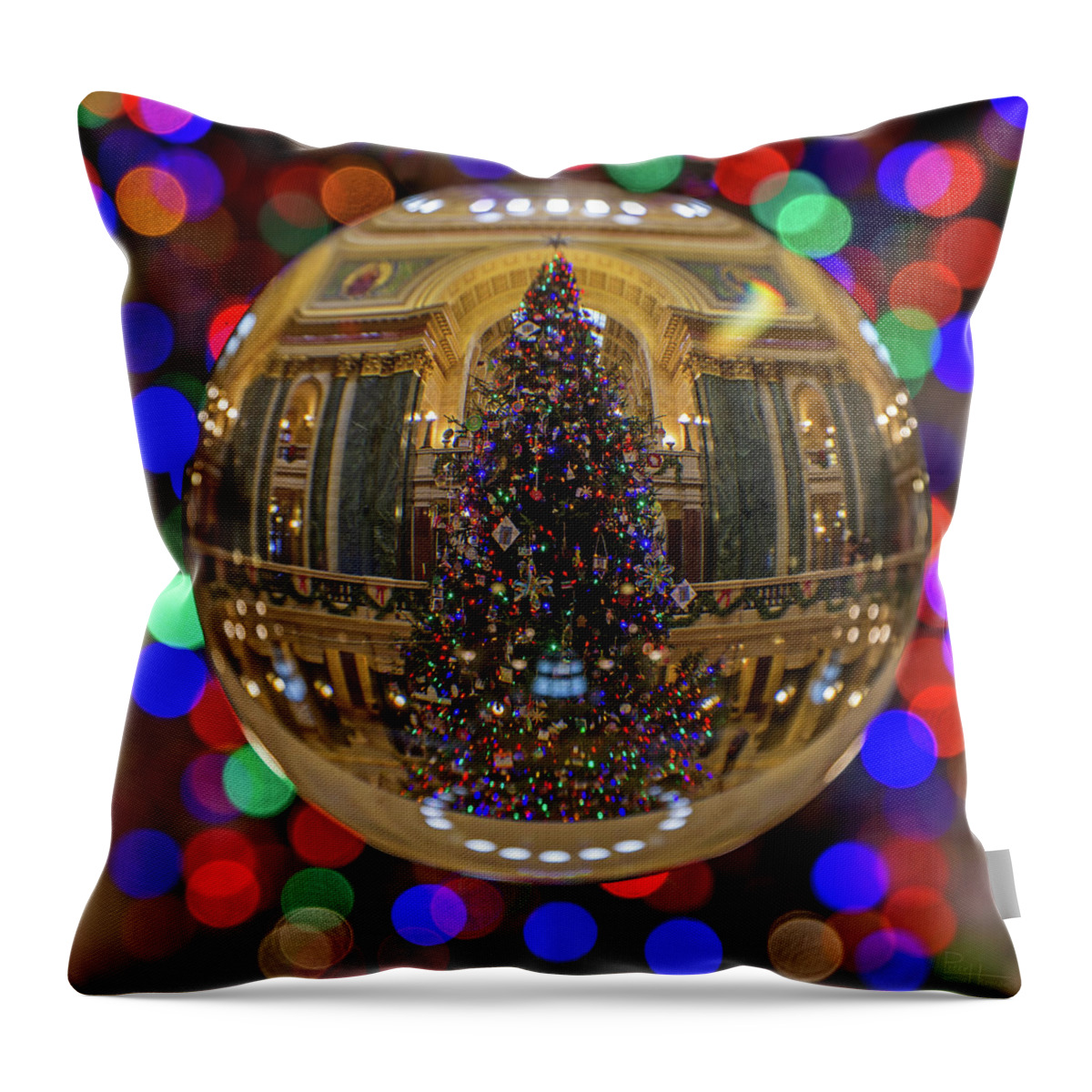 Christmas Tree Glass Sphere Crystal Decorations Lights Colors Wi Wisconsin State Capitol Rotunda Abstract Square Red Green Blue Holiday Yule Pillow Throw Pillow featuring the photograph Crystal Christmas Tree - WI State Capitol Christmas Tree through Glass Globe by Peter Herman
