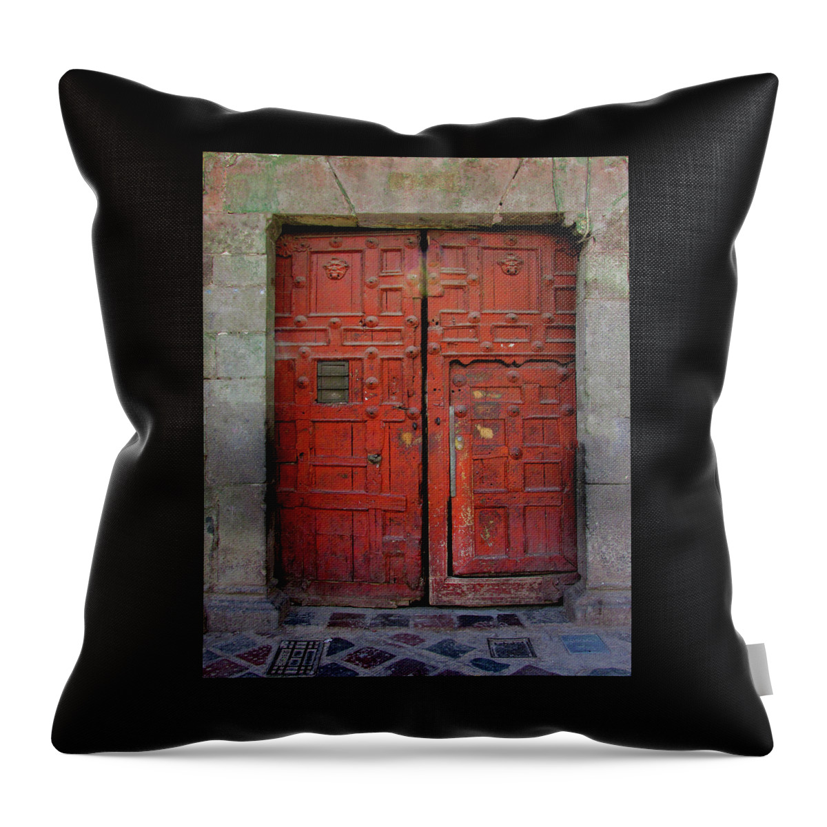 Cusco Double Red Doors Throw Pillow featuring the photograph Cusco Double Red Doors by Kandy Hurley