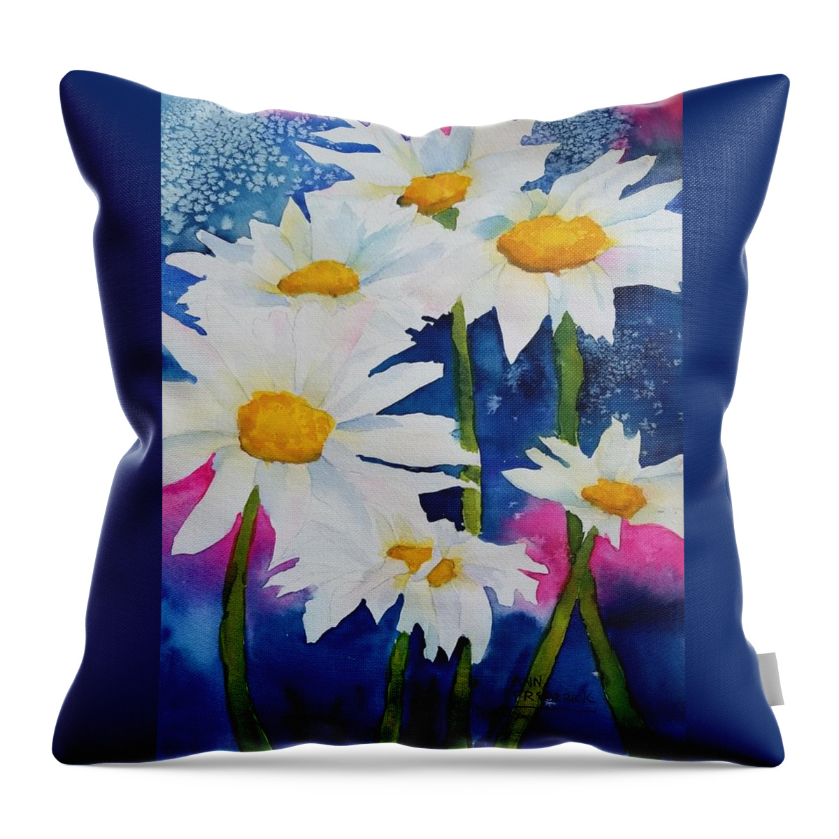 Daisies Throw Pillow featuring the painting Daisies in Navy by Ann Frederick