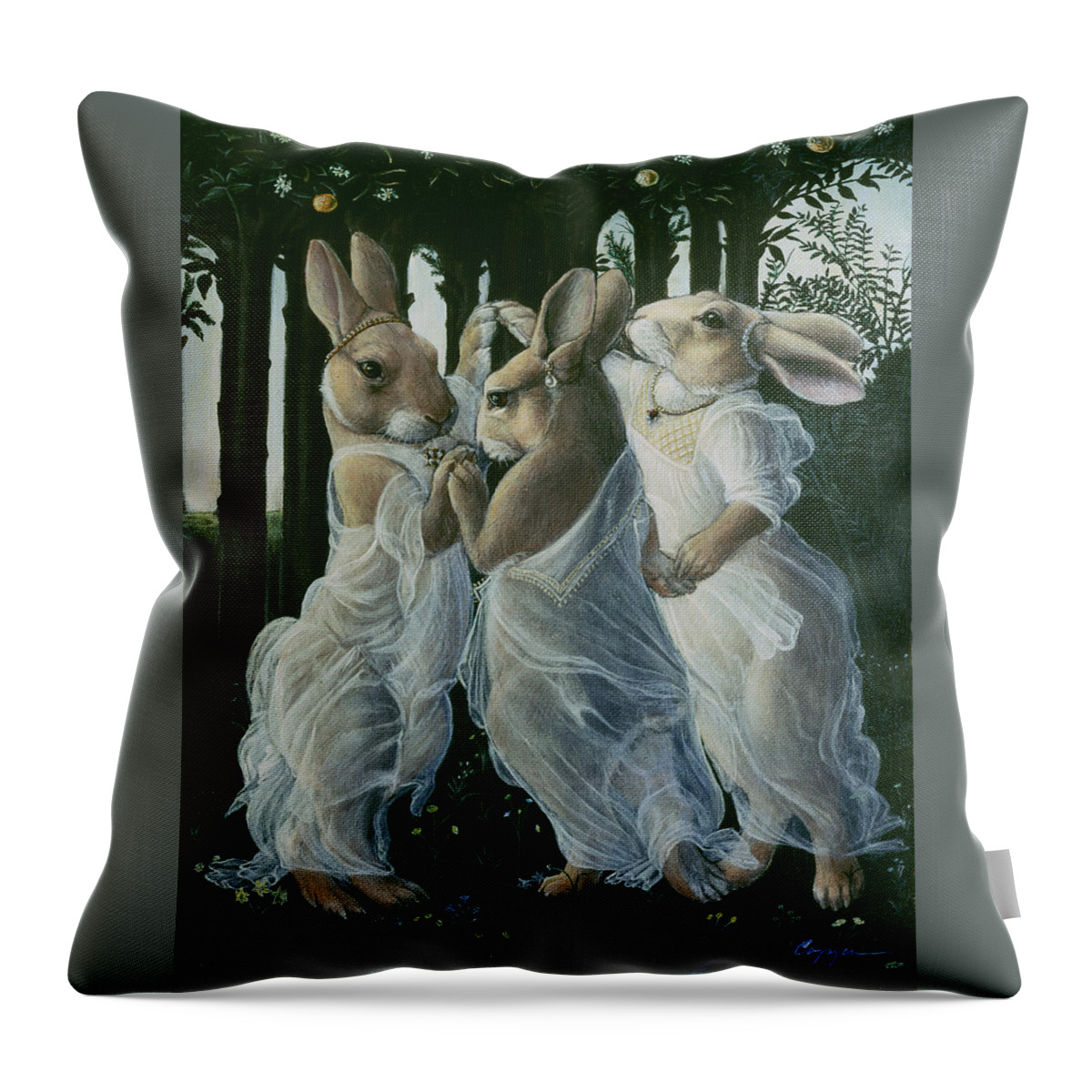 Bunnies Throw Pillow featuring the painting Dancing Graces by Melinda Copper