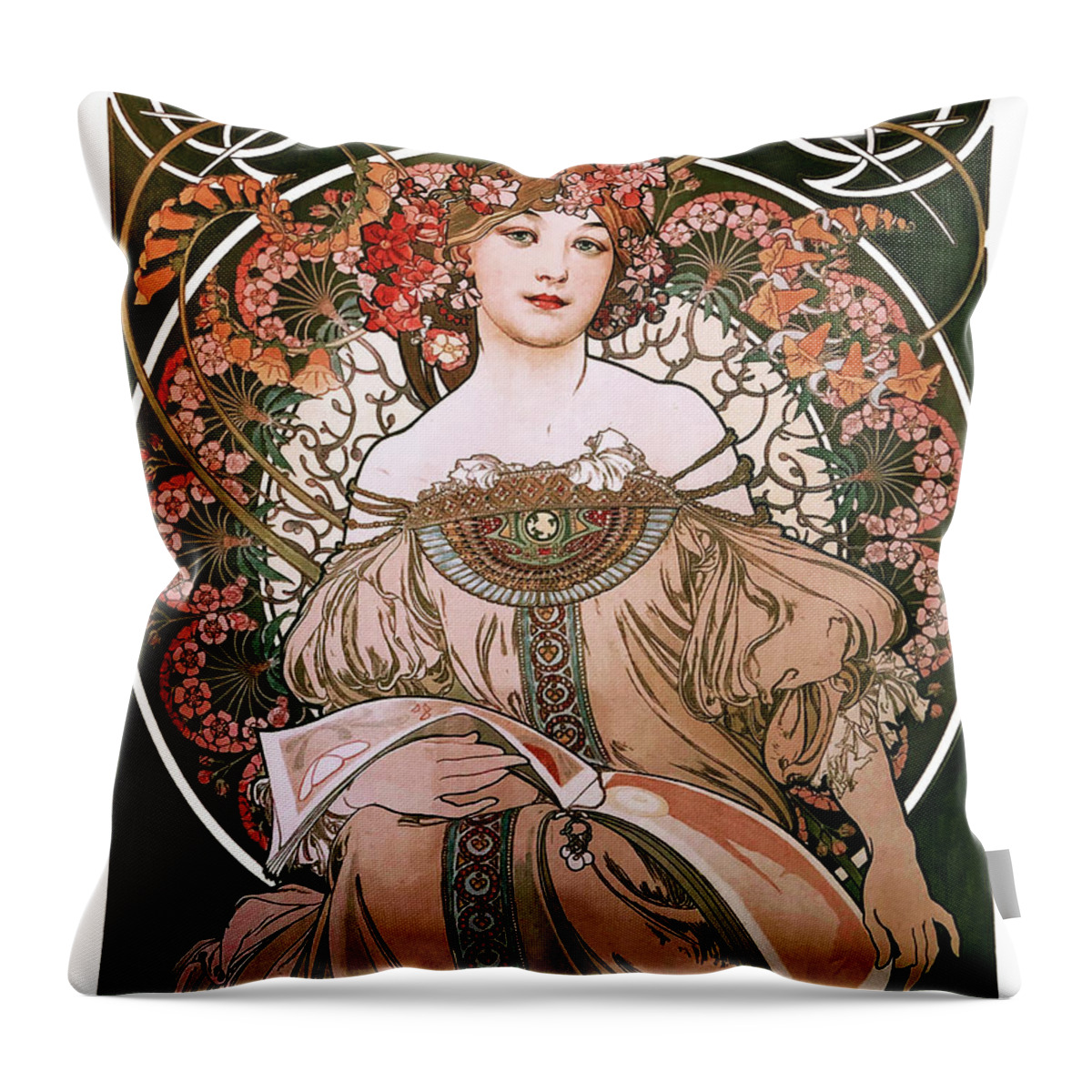 Daydream Throw Pillow featuring the painting Daydream by Alphonse Mucha White Background by Rolando Burbon