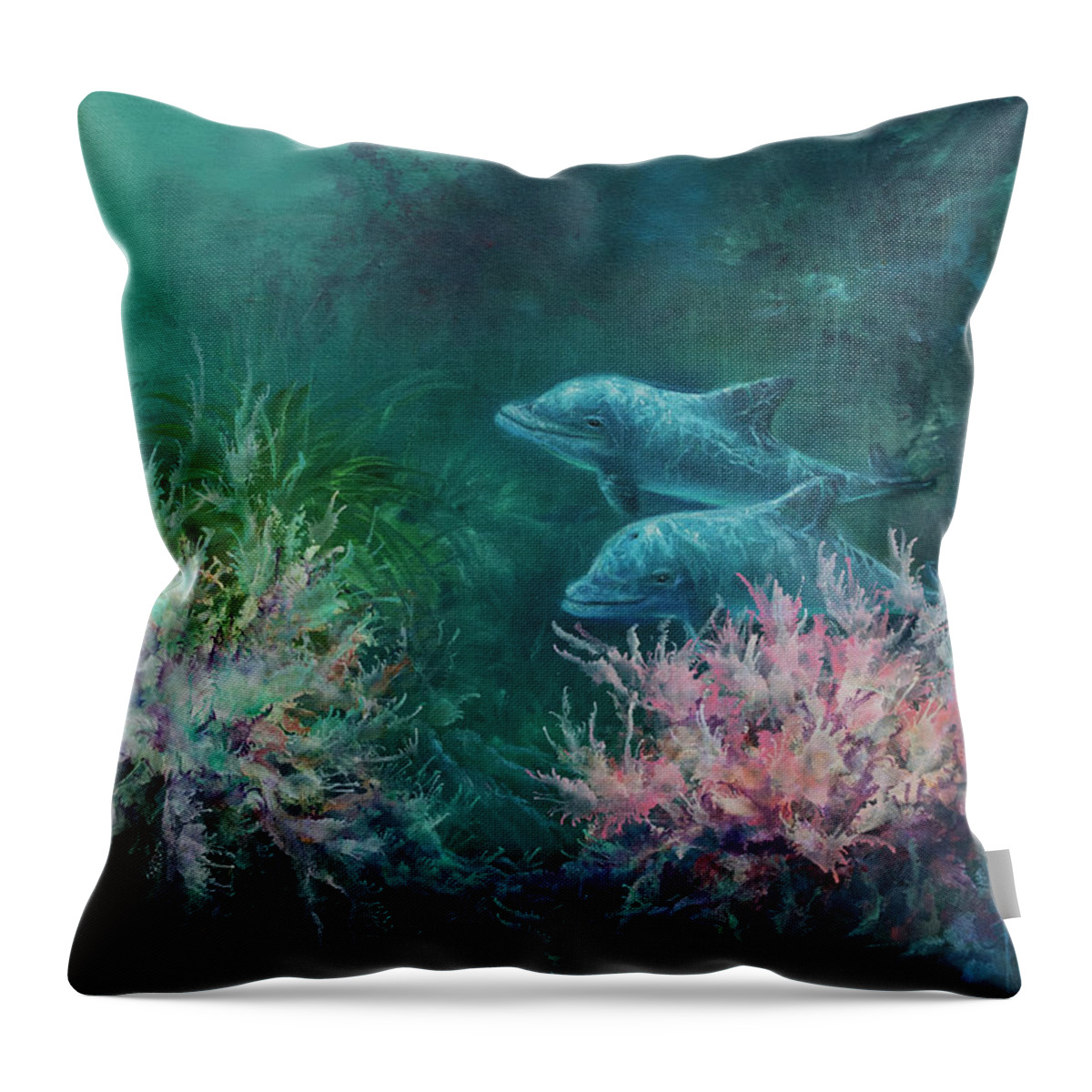 Dolphins Throw Pillow featuring the painting Deep Sea Dolphins by Lynne Pittard