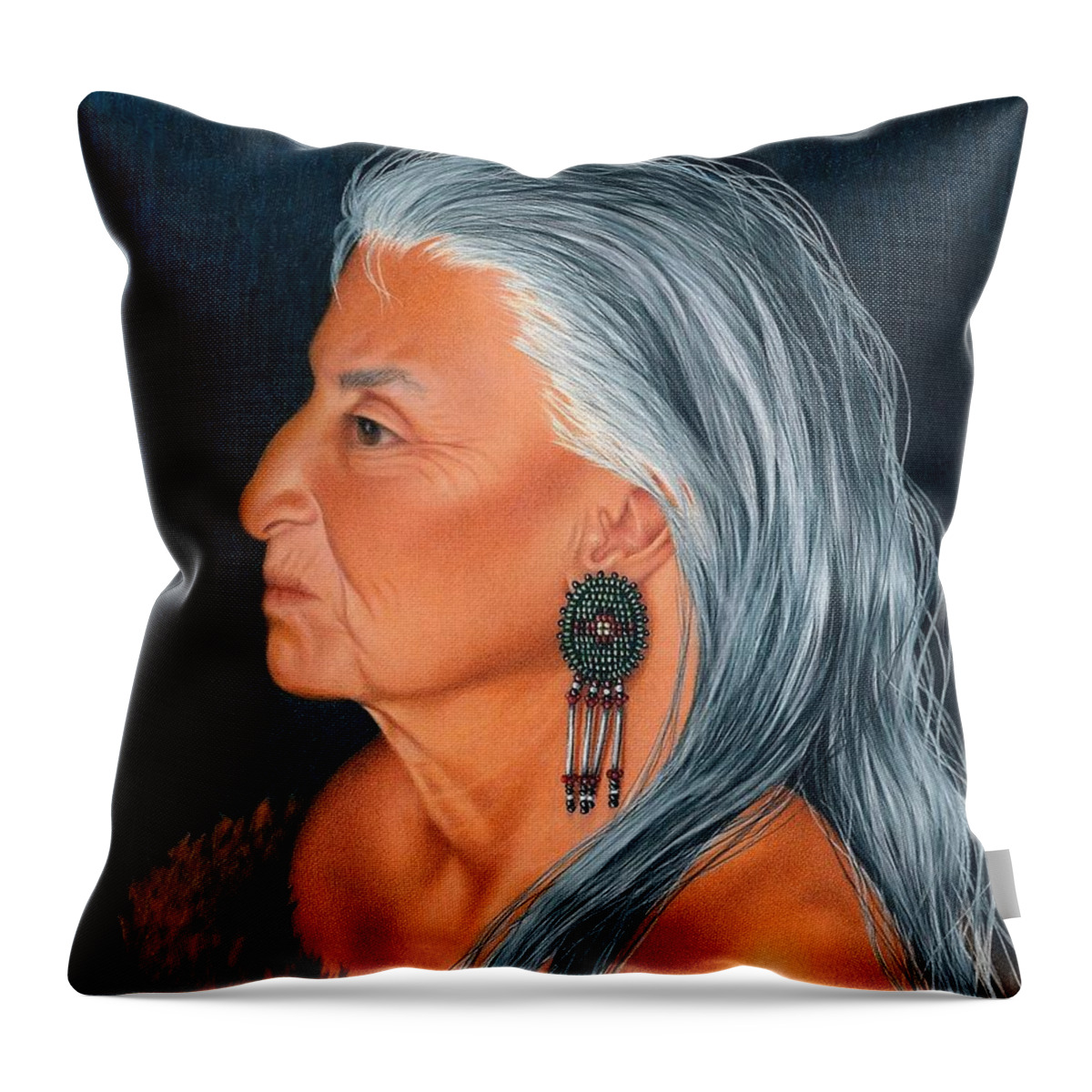 Native American Portrait. American Indian Elder Portrait. Throw Pillow featuring the painting Delaware Elder by Valerie Evans