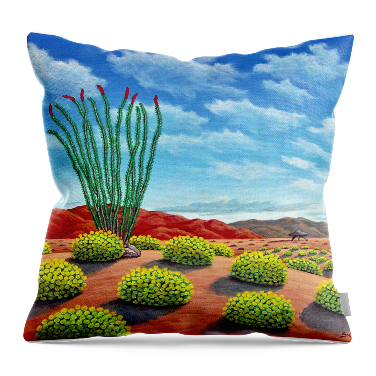 Desert Throw Pillow featuring the painting Desert Landing by Snake Jagger