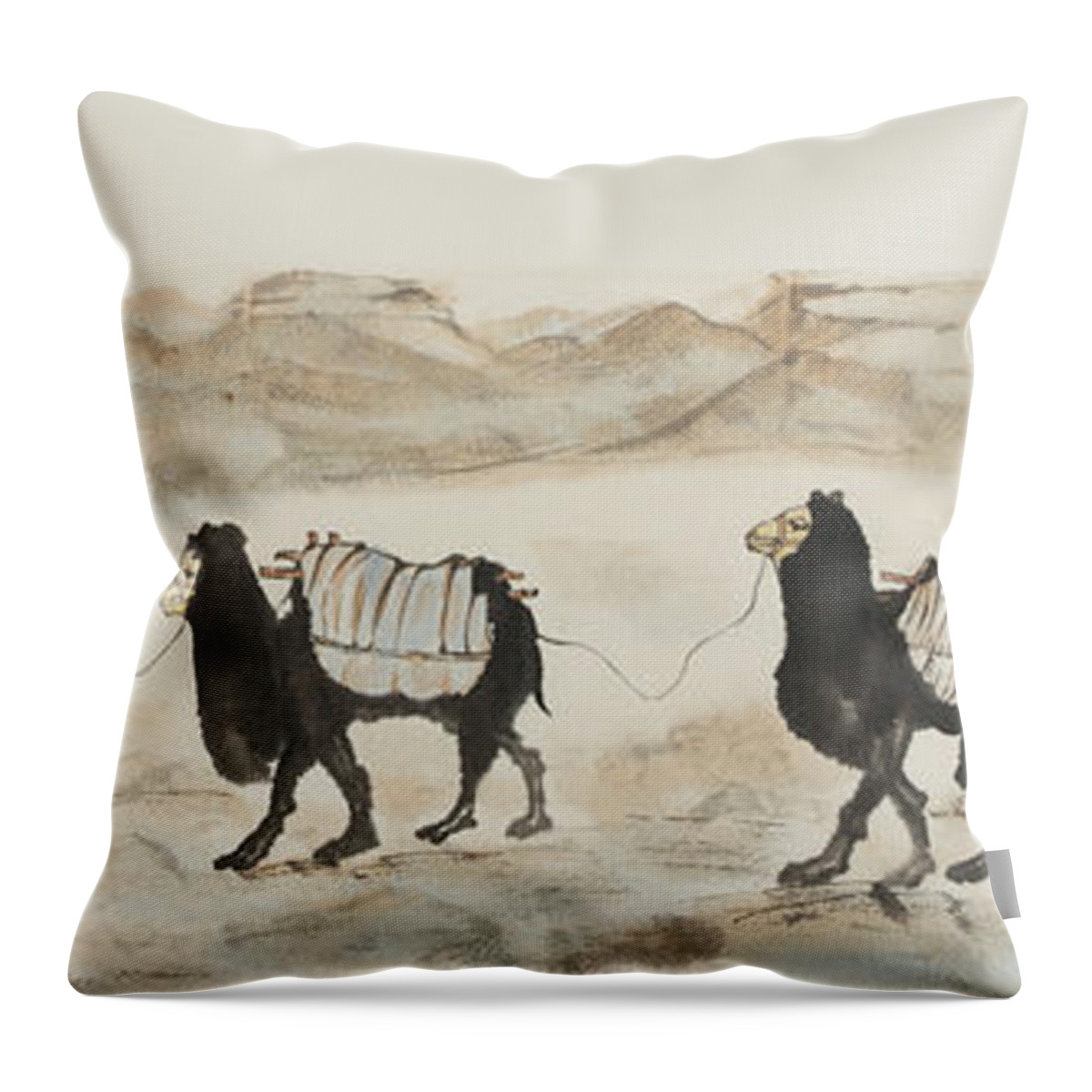 Chinese Watercolor Throw Pillow featuring the painting Camel Caravan Outside the Great Wall by Jenny Sanders