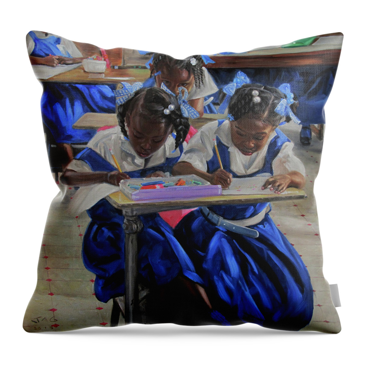 Caribbean Art Throw Pillow featuring the painting Desk Partners by Jonathan Gladding