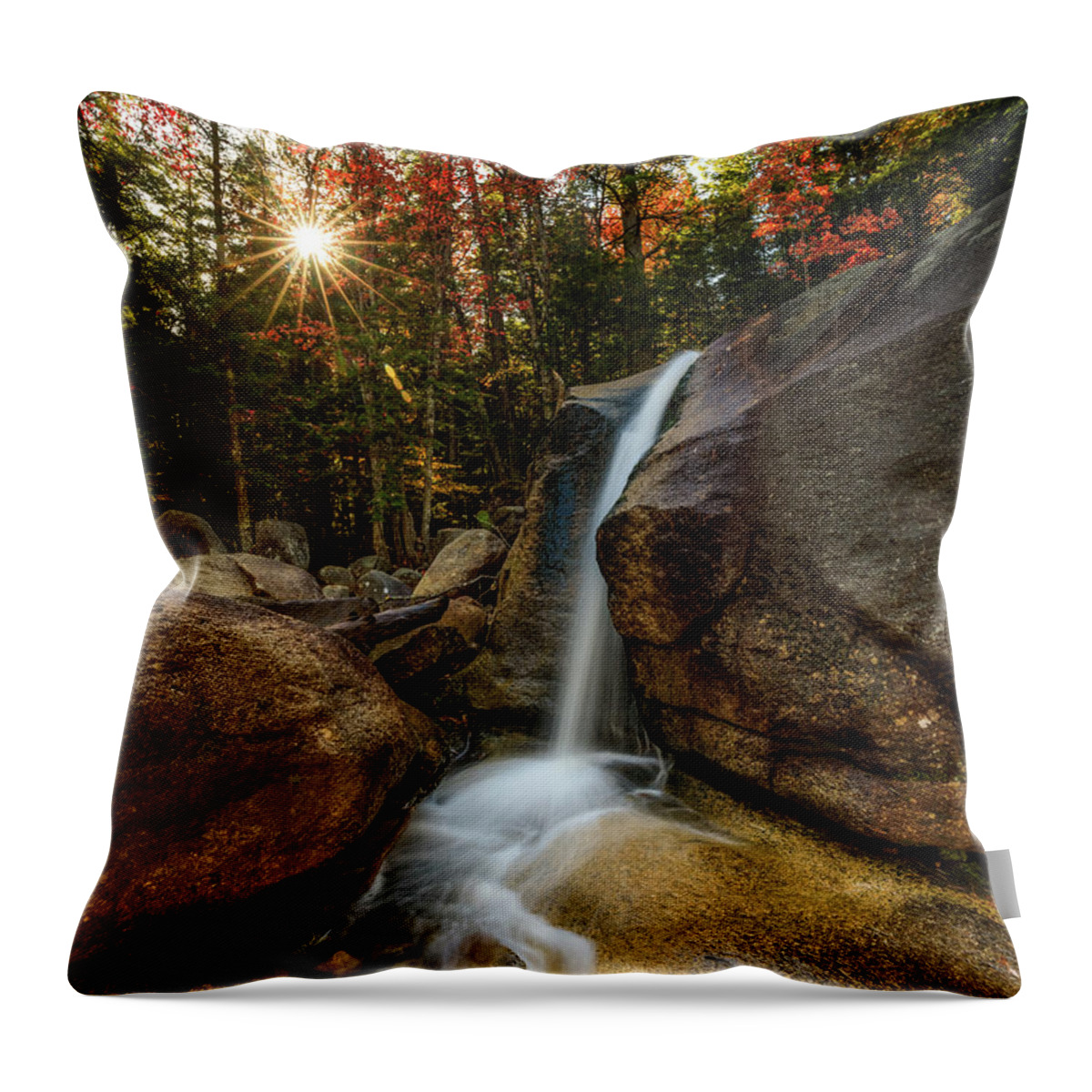 Waterfall; New Hampshire; New England; Diana's Baths; Fall; Falls; Sunstar; Trees; Sunrise; Long Exposure; Motion; Rocks; Flow; Mood; Autumn; Leaves; Colors; Rob Davies; Photography Throw Pillow featuring the photograph Diana's Baths by Rob Davies