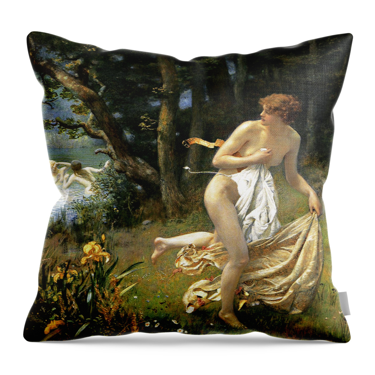 Diana's Maidens Throw Pillow featuring the painting Dianas Maidens by Edward Robert Hughes by Rolando Burbon
