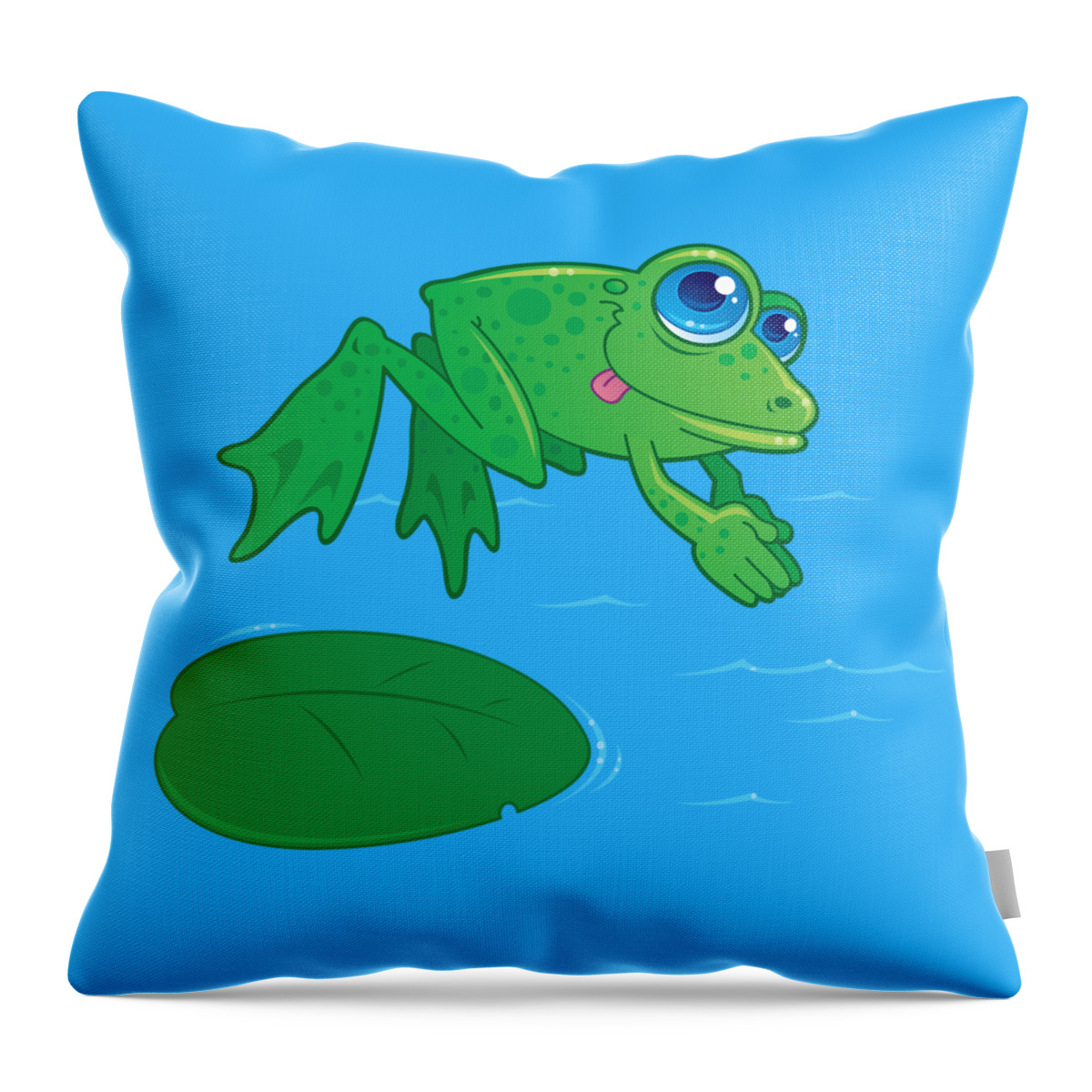 Vector Drawing Of A Cute Frog Diving Off Of A Lily Pad Into Water. Drawn In A Humorous Cartoon Style. Throw Pillow featuring the digital art Diving Frog by John Schwegel