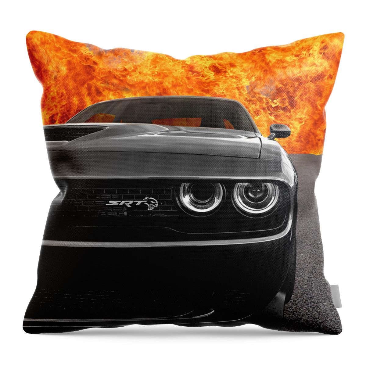 Dodge Throw Pillow featuring the photograph Dodge Hellcat SRT With Flames by Gill Billington