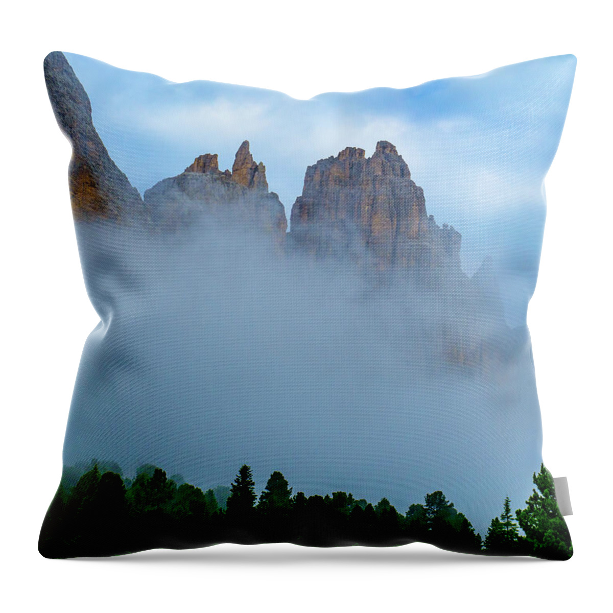 Mountains Throw Pillow featuring the photograph Dolomite Spires in the morning mist by Leslie Struxness