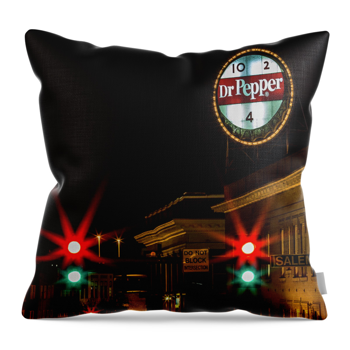  Dr Pepper Sign Neon Sign Throw Pillow featuring the photograph Dr Pepper Neon Sign Roanoke, Virginia. by Julieta Belmont
