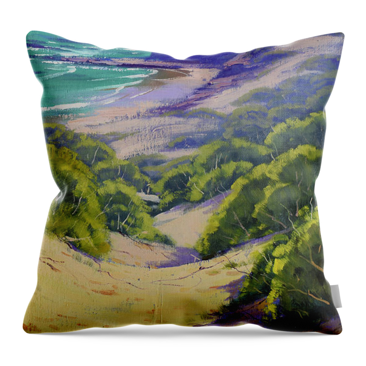 Beach Scene Throw Pillow featuring the painting Dunes to the beach by Graham Gercken