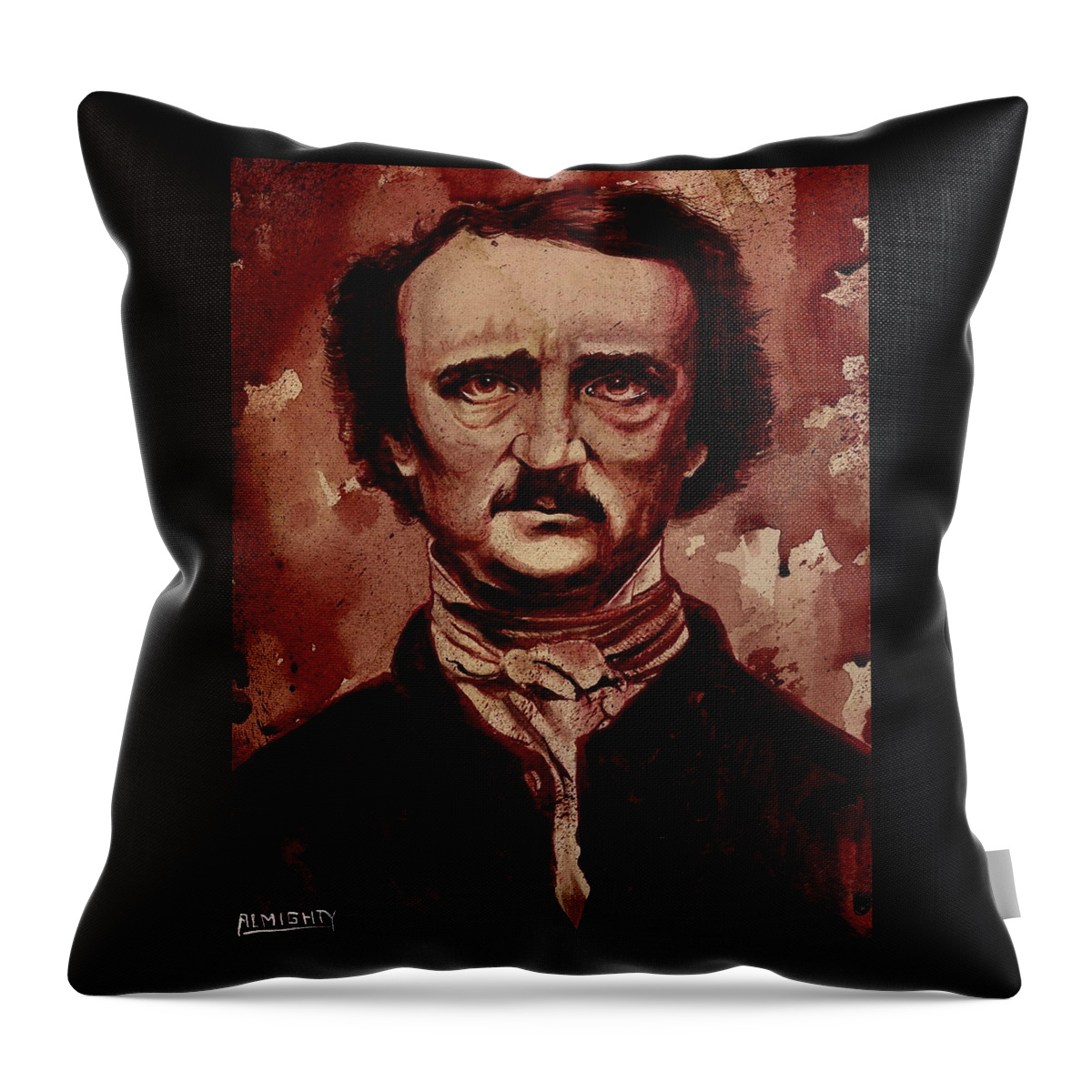 Ryanalmighty Throw Pillow featuring the painting EDGAR ALLAN POE dry blood by Ryan Almighty